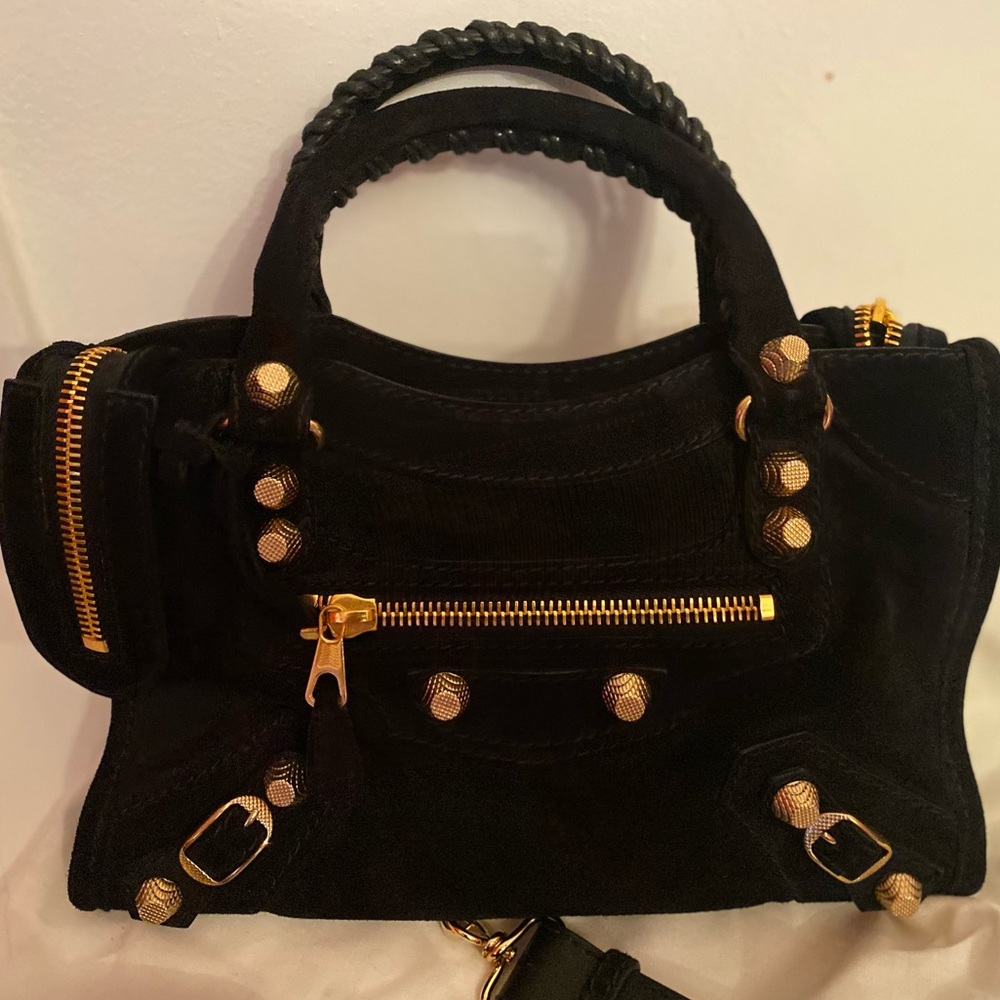 NWT Balenciaga Mini City Black Suede Giant Gold